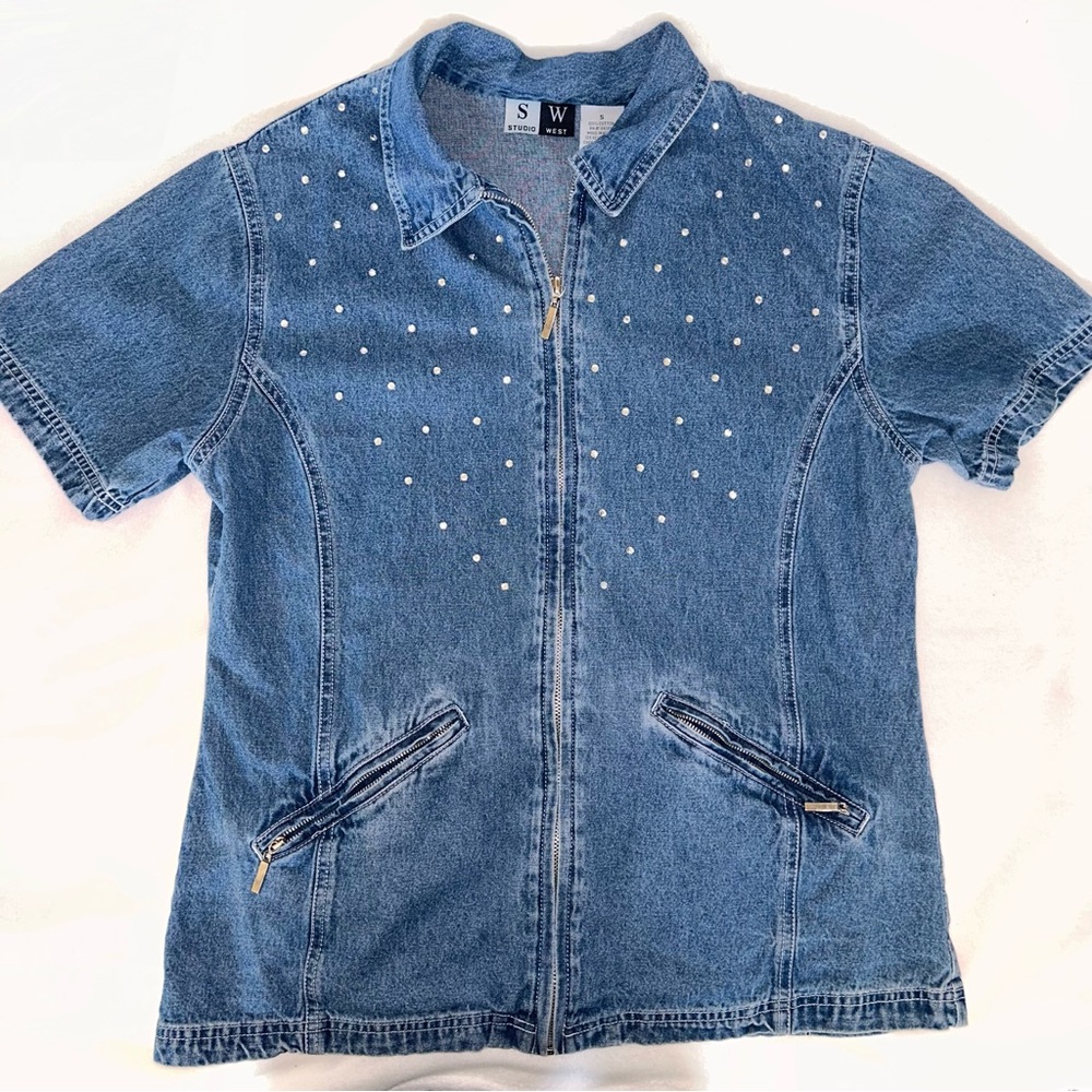 Vintage Blue Denim Zip Up top with Stud Accents